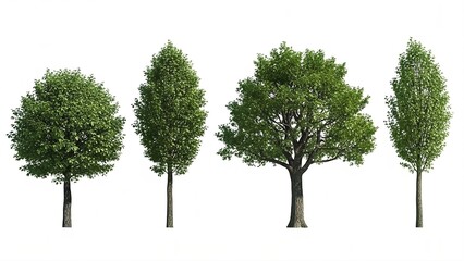 Fototapeta premium Four Green Deciduous Trees in Various Shapes on White Background foliage leaves