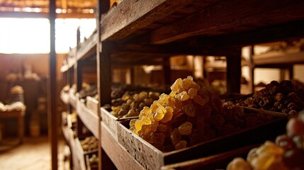 frankincense. Frankincense resin pieces arranged on wooden shelves in spice shop. menu design, packaging mockups, designed for culinary blogs and recipe cards for restaurants.