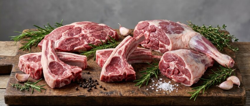 mutton cuts arranged on a rustic wooden board with fresh herbs and spices highlighting the rich texture and natural colors of premium lamb meat in a professional studio setting