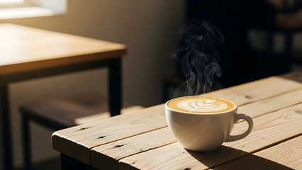 Warm Close-up of Coffee Cup on Minimalist Wooden Table in Cozy Cafe with Natural Light