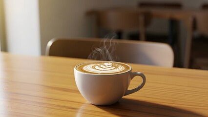 Warm Close-up of Coffee Cup on Minimalist Wooden Table in Cozy Cafe with Natural Light