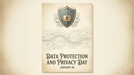 Fototapeta premium classic data protection and privacy day vertical poster template illustration template featuring shield and lock icons above abstract data lines on light neutral background with subtle vignette