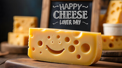 A cheerful wedge of cheese with a smiley face celebrates happy cheese lover day