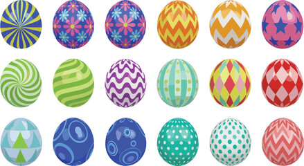 Cartoon Easter egg set featuring 20 colorful decorated eggs with festive patterns for spring holiday and creative design use