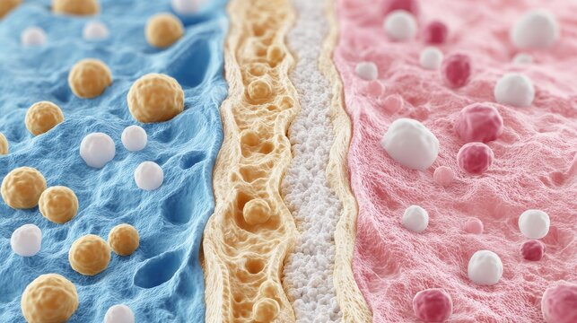 Highly magnified cross-sectional illustration of human skin with visible pores, sebaceous glands, and keratin plugs, showcasing epidermal texture and clogged follicle detail for dermatology