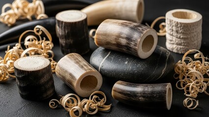 Cut animal horns sit among light wood shavings and a speckled stone set on a dark matte background