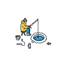 Person ice fishing using winter fishing gear.
