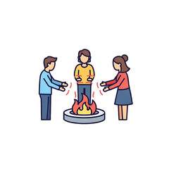 Group warming hands over a campfire in winter.