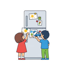 Children decorating a refrigerator with magnets.