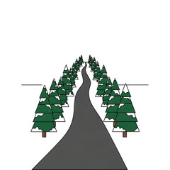 Snowy road lined with evergreen trees.