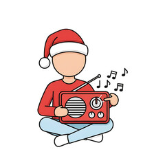 Person in Santa hat listening to music on radio.
