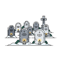 Graveyard covered in snow with tombstones.