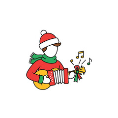 Person playing accordion in winter clothing.