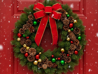 Christmas wreath on red door, wreath framed by snowfall, wreath detail with pinecones and ornaments, perfect for holiday promos, cozy home branding, website hero, copy space