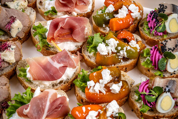 Assorted gourmet bruschetta appetizers on platter