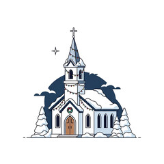 Snowy church building with tall steeple.