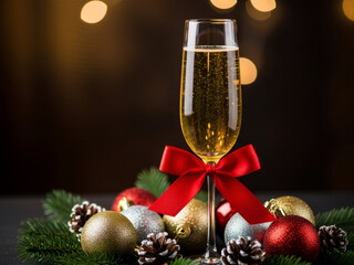Champagne flute with red ribbon, champagne bubbles rise in warm bokeh lights, champagne celebration for luxury branding, champagne mood for New Year promos, party intro