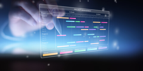 Wide Banner Project Management Gantt Timeline Interface with Digital Planning Elements.