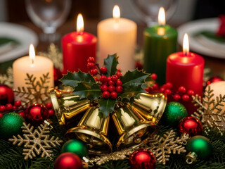 Holiday candle centerpiece close up, candlelight warms table decor, candlelight sparkles on gold bells, candlelight mood for seasonal ads, premium dinner ambiance, soft bokeh