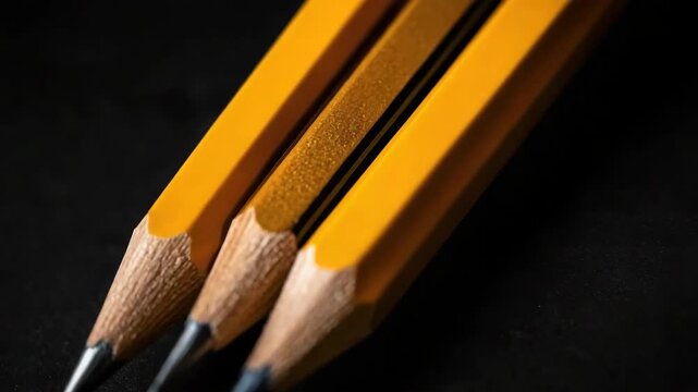 Three sharpened yellow wooden graphite pencil points on black surface with focused dramatic detail