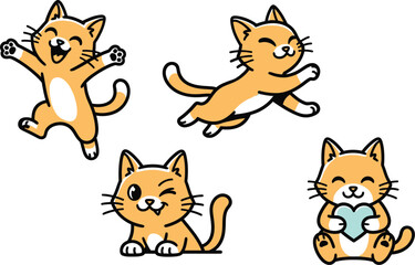 Adorable cartoon cats in various playful happy poses with hearts
