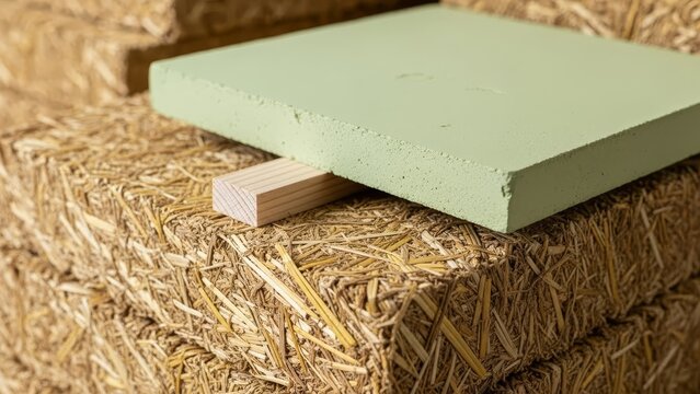 Hay bales stacked with a wood shim topped by a green composite square