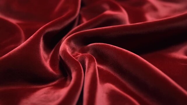 Close up of flowing red velvet fabric texture creating abstract folds and rich shadows for luxury background.