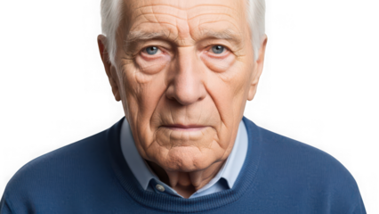 Close-up portrait of an elderly man with a serious expression looking directly at the camera isolated on transparent background