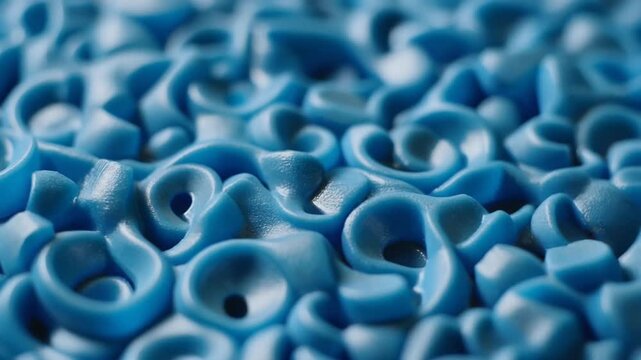 Close-up macro view of vibrant blue synthetic curly textured surface pattern background