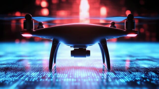Sleek quadcopter drone hovering over illuminated circuit board and glossy circuit floor with neon