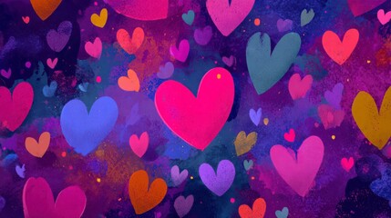 Hearts of Celebration: A vibrant tapestry of multicolored hearts dances against a rich, painted backdrop, symbolizing love and joy. Expressing emotion and creating a visual feast.