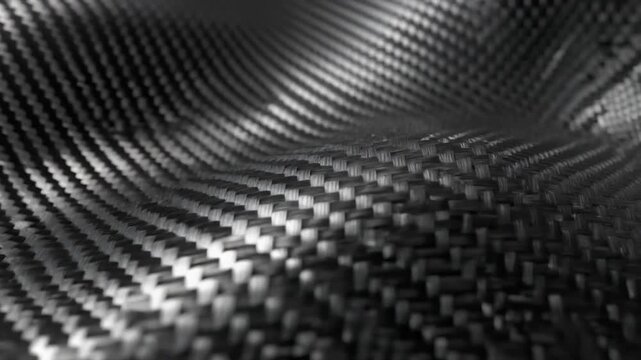 Close-up macro shot of flexible carbon fiber composite material weaving texture pattern used in manufacturing industry.