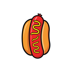 Classic cartoon hot dog with mustard in a soft bun, a delicious fast food icon