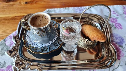 Turkish Coffee Set on Silver Tray with Rose Petal Water and Geometric Baklava-Style Sweet