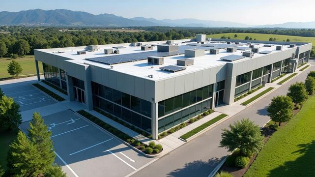 Modern data center building exterior with clean lines and solar panels on roof