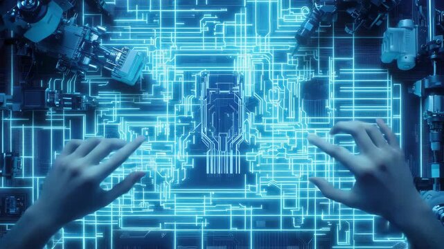 Futuristic hands manipulating glowing circuit board schematic with neon blue circuit interface