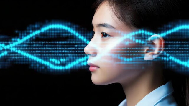 Young woman profile face with blue waveform data overlay conveying futuristic digital genetics
