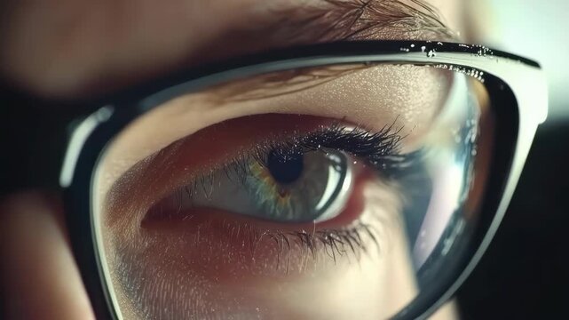 Close up eye behind eyeglass lens reflecting light, detailed pupil and iris with focused reflection