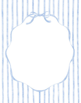 Watercolour hand drawn blue frame, card striped with ribbon and coquette bow. Illustration for baby boy. Template poster for design baby shower, birthday