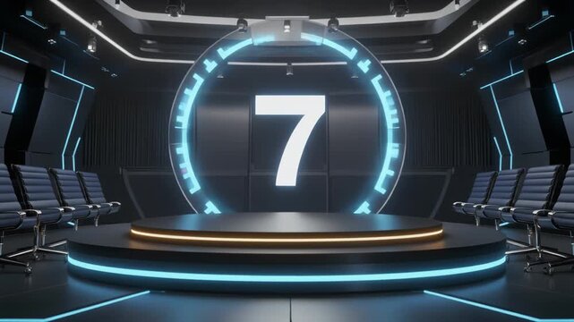 Futuristic neon lit auditorium countdown sequence revealing the number seven on a large digital screen stage.