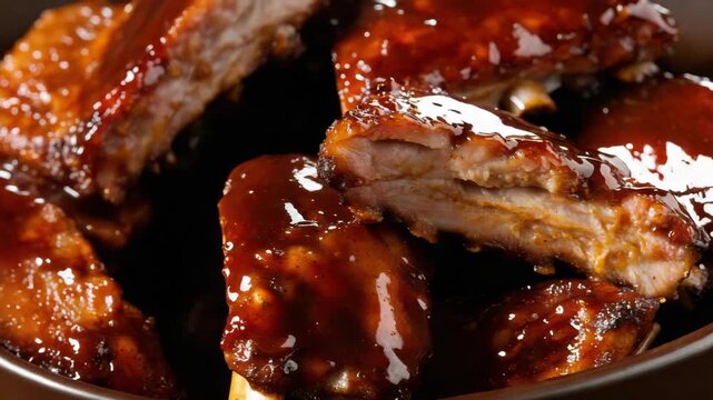 Glazed barbecue pork rib with smoky sauce, sticky glaze, juicy savory comfort food delight