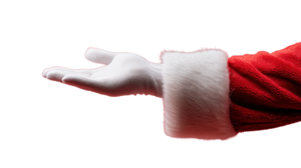 Santa's Gesture: A close-up shot captures Santa Claus's gloved hand extended in a welcoming gesture, conveying holiday greetings and warmth.