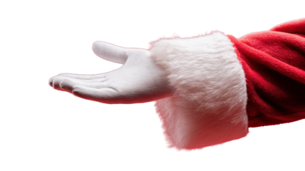 Santa's Welcoming Gesture: An up-close shot of Santa's gloved hand, offering a warm and inviting welcome. The red suit sleeve trimmed with soft, white fur evokes a sense of holiday cheer.