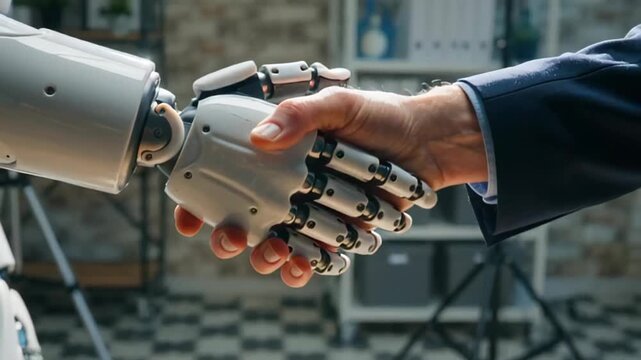 A robotic hand reaching out to shake hands with a human hand in a modern office environment