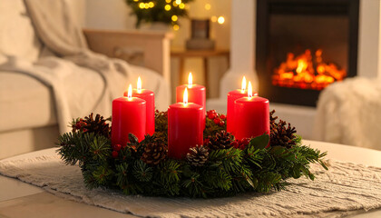Christmas advent wreath with six red candles and pine cones by a fireplace image photo