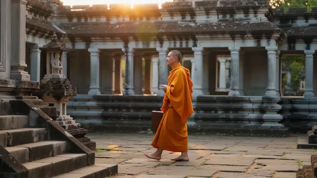 A serene monk walking through ancient temple ruins at sunrise, enveloped by soft golden light and tranquil surroundings
