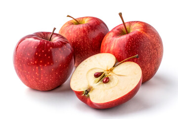 Group of three whole red apples and one half slice isolated on a white background. Fresh organic fruit cross section with seeds closeup.