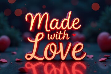 "Made with love" neon lettering to Valentines Day greeting card with pink hearts on the dark background