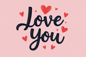 "Love you" lettering to Valentines Day greeting card with pink hearts on the pink background