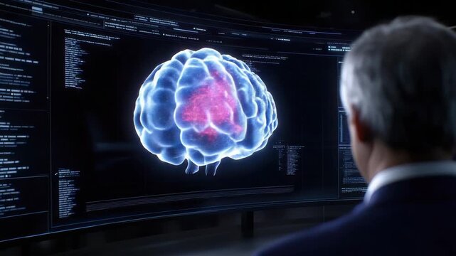 Futuristic medical scan of human brain with glowing neural activity curved monitor senior